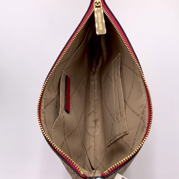 Michael Kors Jet Set LG 2 in 1 card case wristlet Wallet CARMINE PINK SIGNATURE - Picture 13 of 15